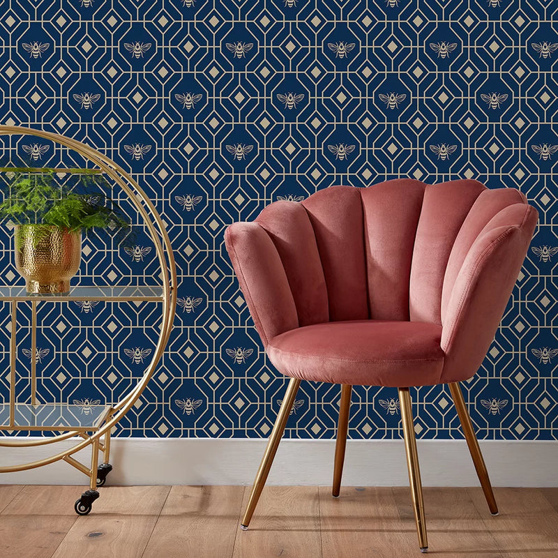 Art Deco Bee Wallpaper - Navy