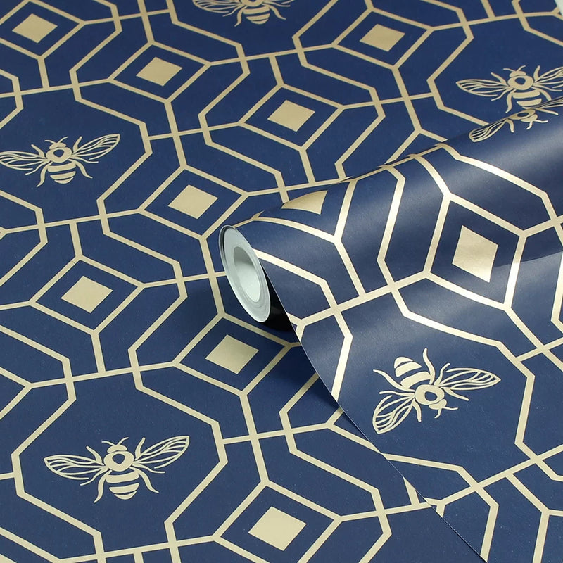 Art Deco Bee Wallpaper - Navy