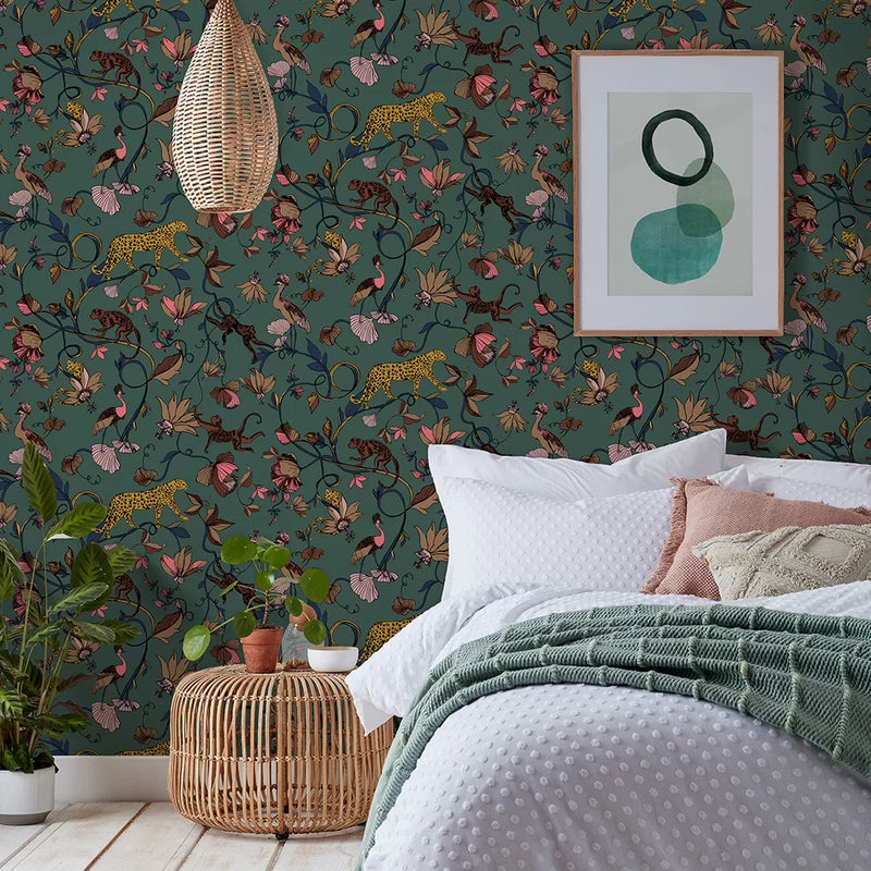 Exotic Wildlings Wallpaper - Juniper Green