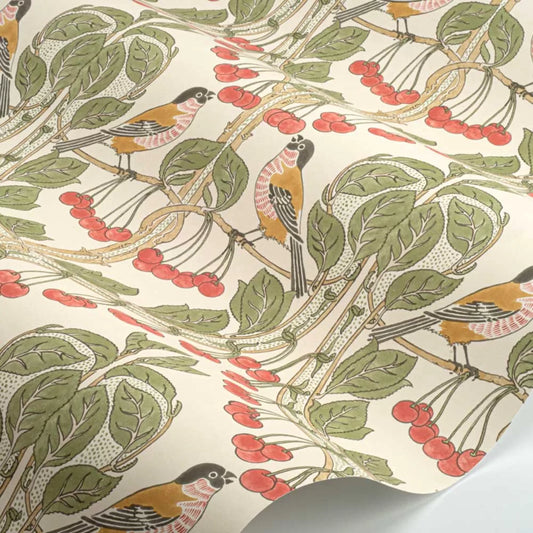 Bird & Cherries Wallpaper - Red Green