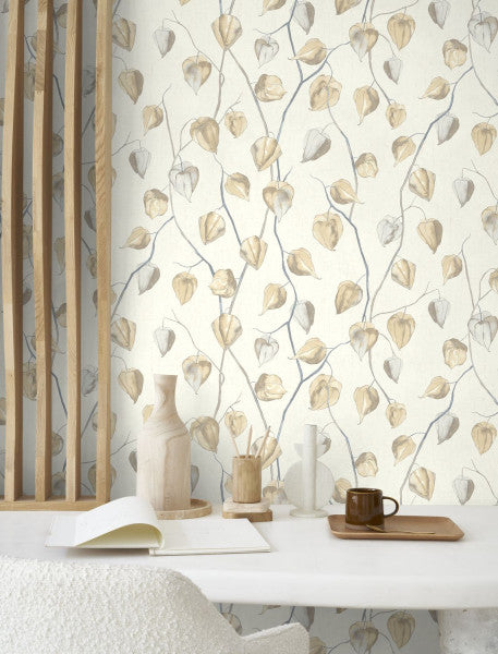 Lanternes Ginkgo Wallpaper - Beige on White