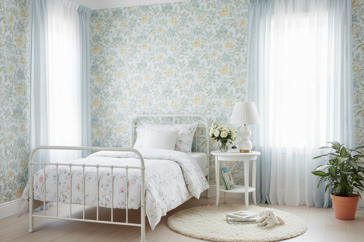 Girls' Bedroom with Garden Muse Wallpaper and Light Blue Curtains