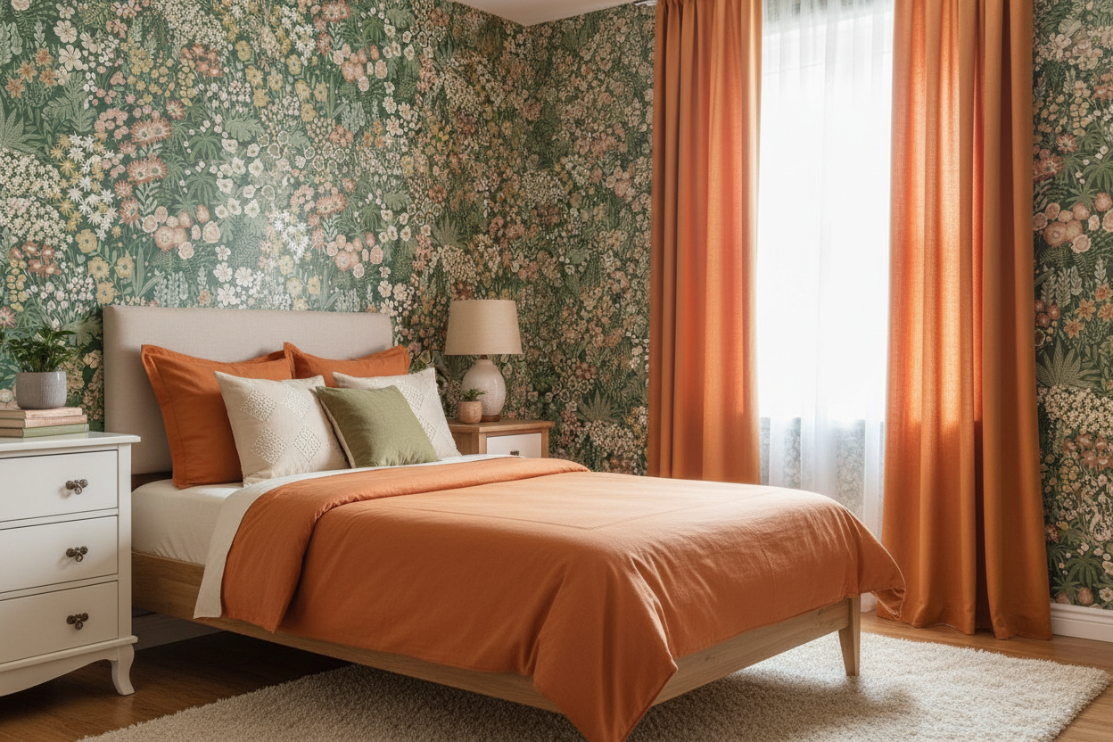 Girl's bedroom with Lysandra Emerald Green wallpaper, orange bedding and curtains