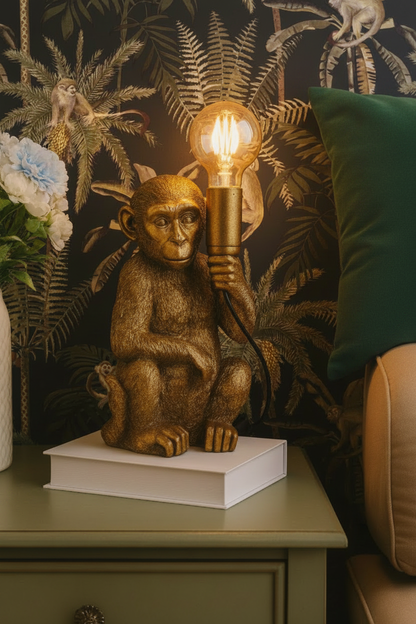 Gold Monkey Lamp with Green Cushion and Spider Monkey Wallpaper