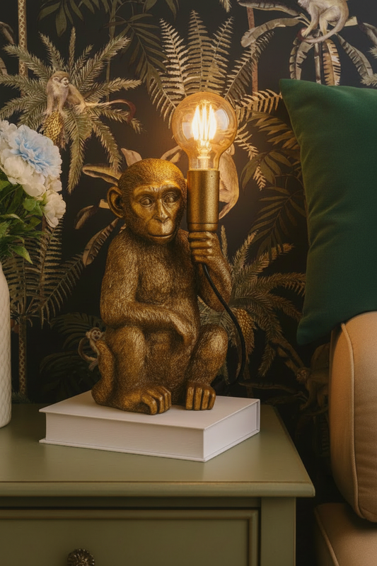 Gold Monkey Lamp with Green Cushion and Spider Monkey Wallpaper