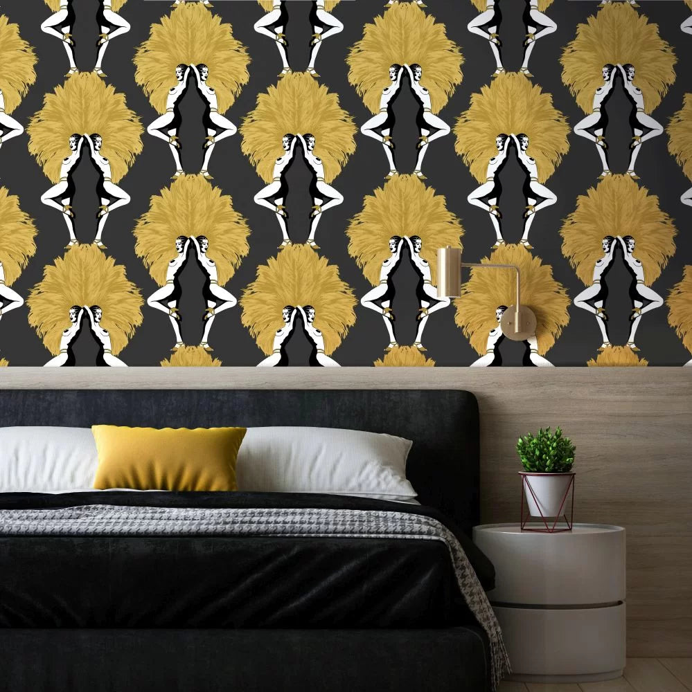 Showgirls Wallpaper - Black/Mustard (Plain Black Background)