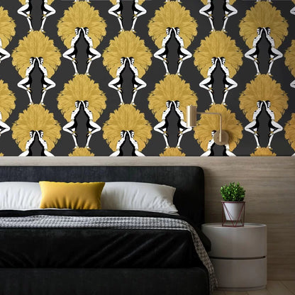 Showgirls Wallpaper - Black/Mustard (Plain Black Background)