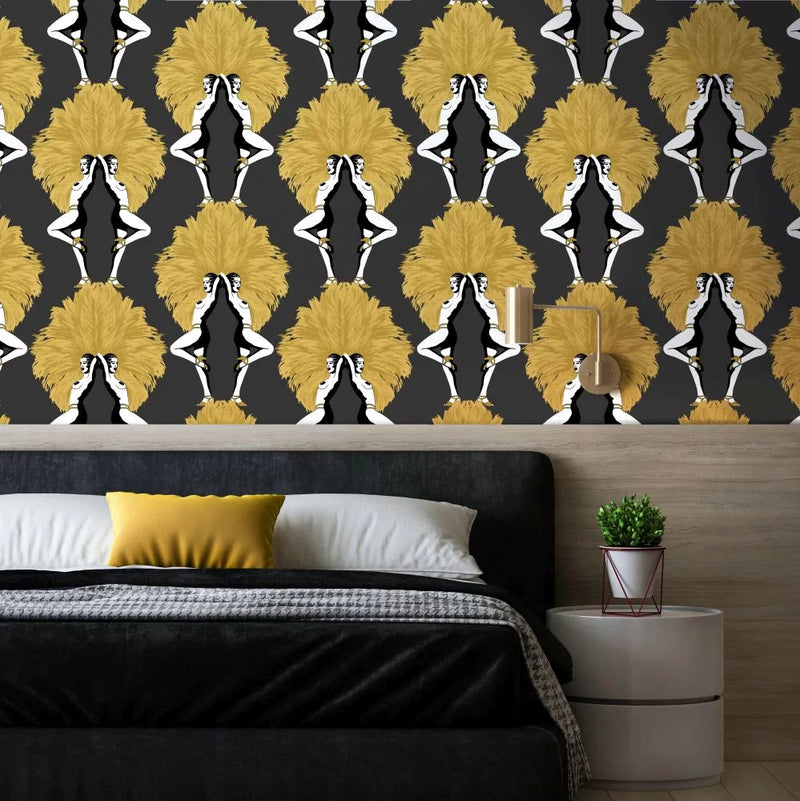 Showgirls Wallpaper - Black/Mustard (Plain Background)