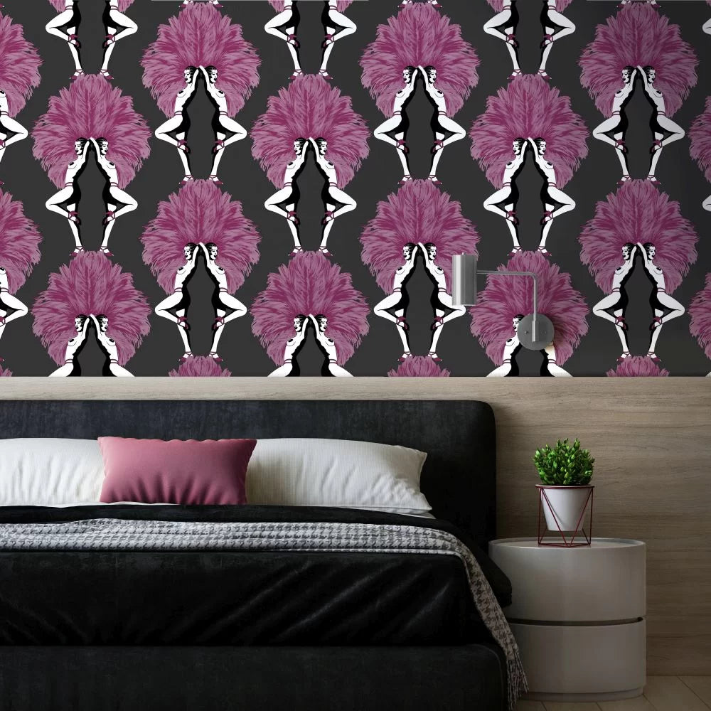 Showgirls Wallpaper - Pink Metallic/Black (Plain Black Background)
