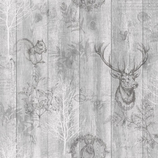 Sample - Stag Wood Panel Wallpaper - Grey
