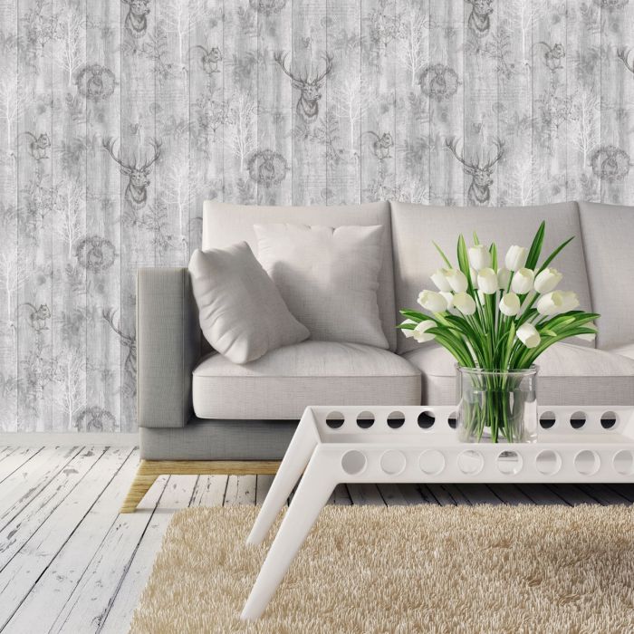 Stag Wood Panel Wallpaper - Grey - Discontinuing