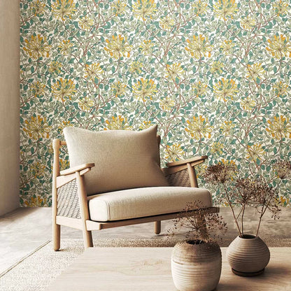 Honeysuckle Leaf Trail Wallpaper - Ohpopsi - Seafoam