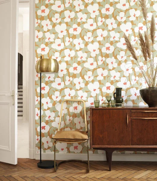 August Flower Power Wallpaper - White on Yellow