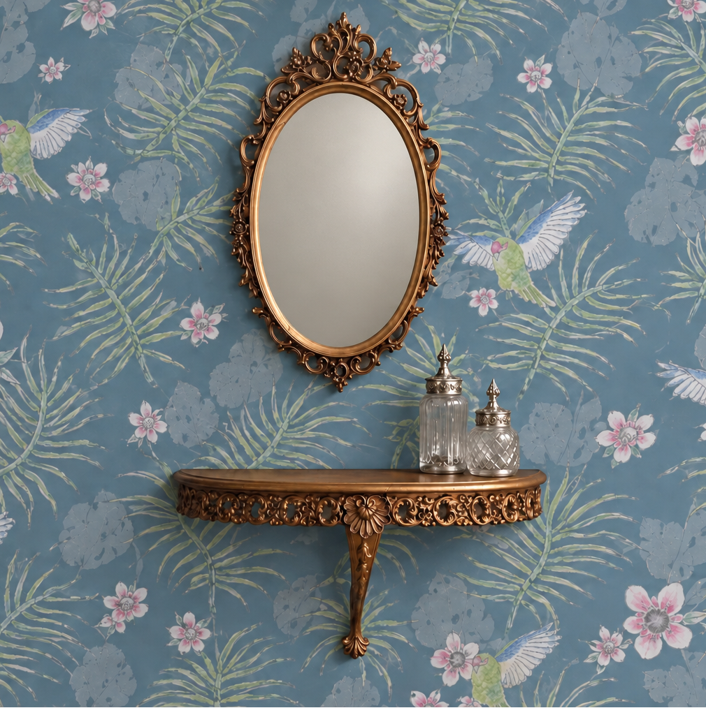 Kakariki Smokey Blue wallpaper with non-reflective mirror