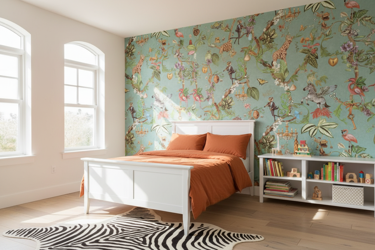 Kids Bedroom - Safari Symphony Wallpaper with Zebra Rug and Rusty Orange Bedding