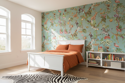 Kids Bedroom - Safari Symphony Wallpaper with Zebra Rug and Rusty Orange Bedding