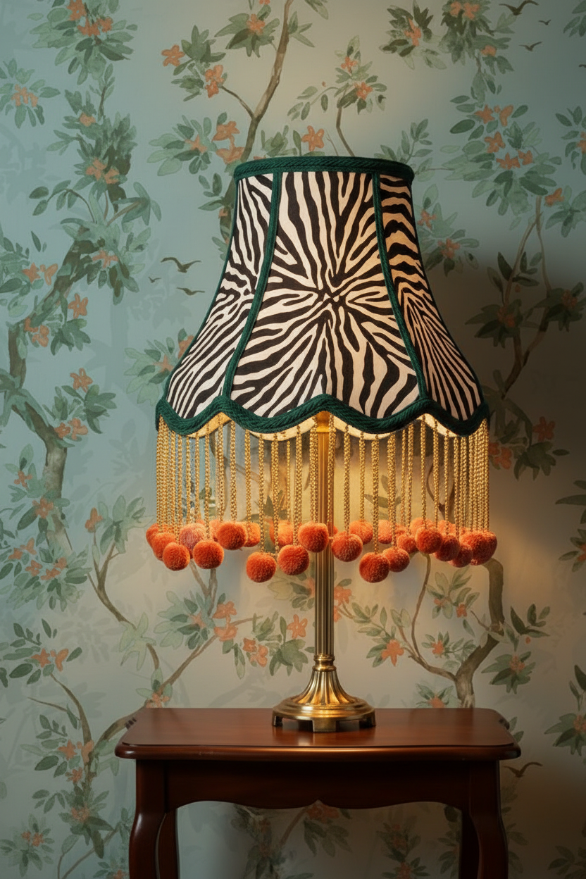 Lamp with dark green trim, orange pompoms and Folia Duck Egg wallpaper