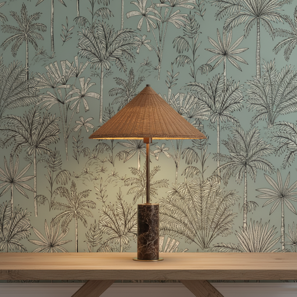 Lamp with Jardin De Marrakech Green Wallpaper Background