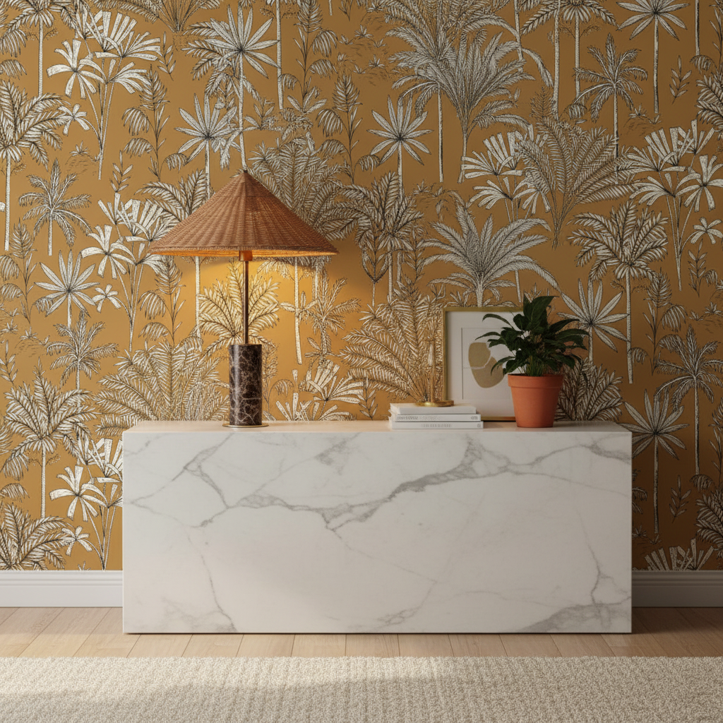 Lamp with Jardin De Marrakech Ochre Wallpaper
