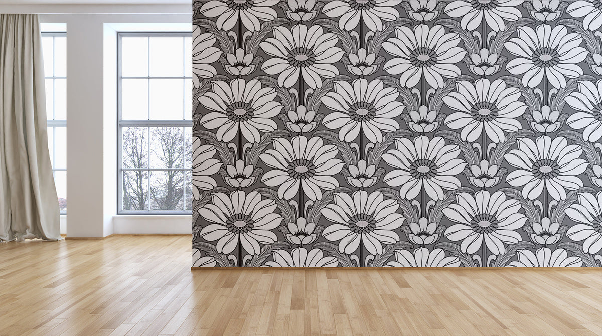 Happy Hippy Floral - Grey - Custom Mural Wallpaper (per m²)