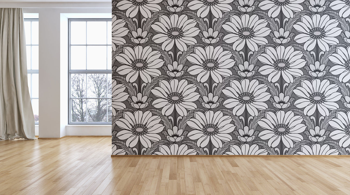 Happy Hippy Floral - Grey - Custom Mural Wallpaper (per m²)
