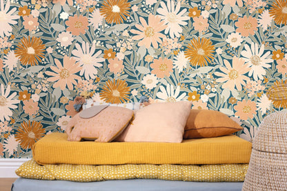 Marguerite Wallpaper - Bleu Nuit Rose