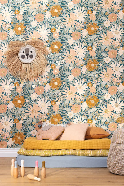 Marguerite Wallpaper - Bleu Nuit Rose