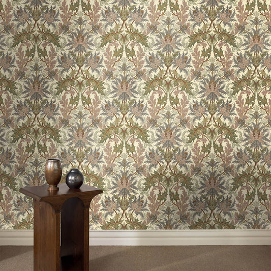 Aquifolia Sea Holly Damask Hybrid Mural – Ecru