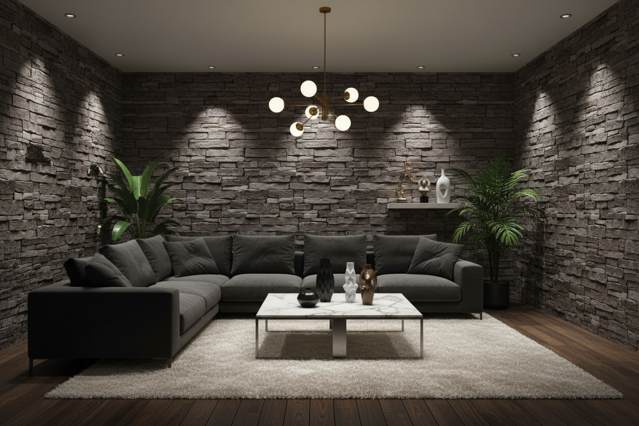 Lounge with Stone Works Smooth Wallpaper Dark