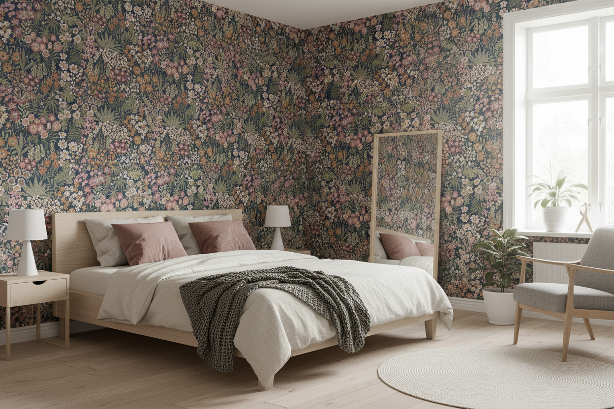 Luxurious Scandinavian bedroom with Lysandra Wallpaper Navy Multi