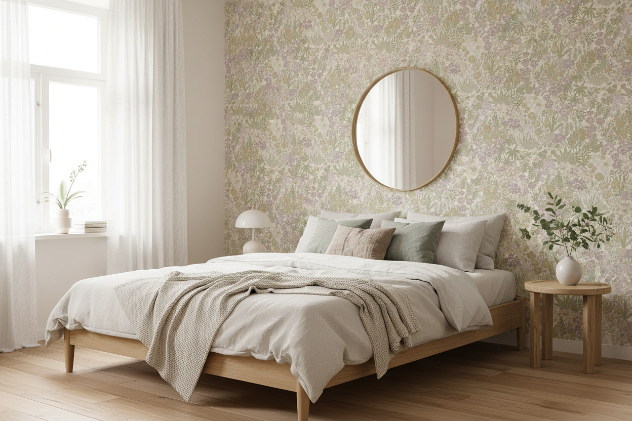 Luxurious Scandinavian bedroom with Lysandra Wallpaper