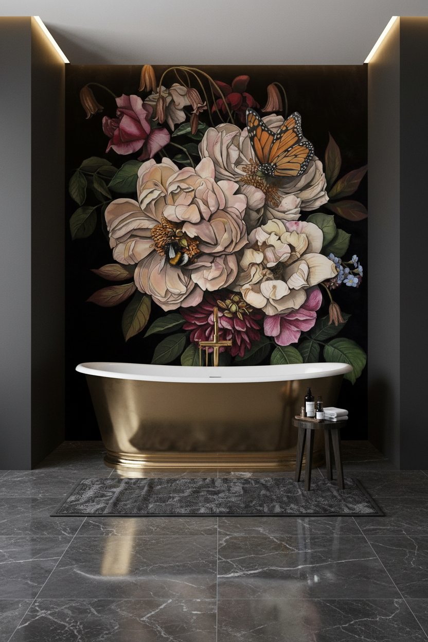 Luxury bathroom with gold bathtub, black side walls, and PAM-MAK wallpaper on back wall