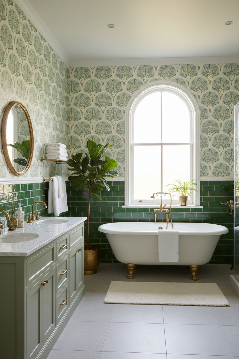 Luxury Bathroom with Nīkau Palm Wallpaper