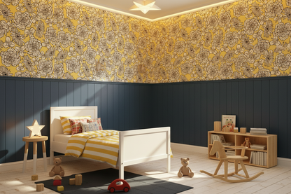 Mackenzie Country Sunshine Wallpaper Kids Room with Navy Panelling - No Windows