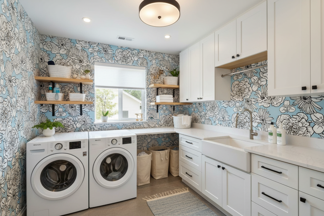 Mackenzie Country Wallpaper - Summer Sky in Laundry Room