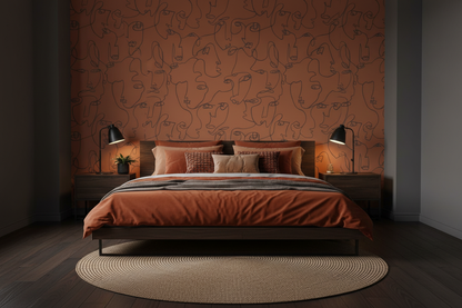 Masculine Bedroom - Visages Face Wallpaper Burnt Orange