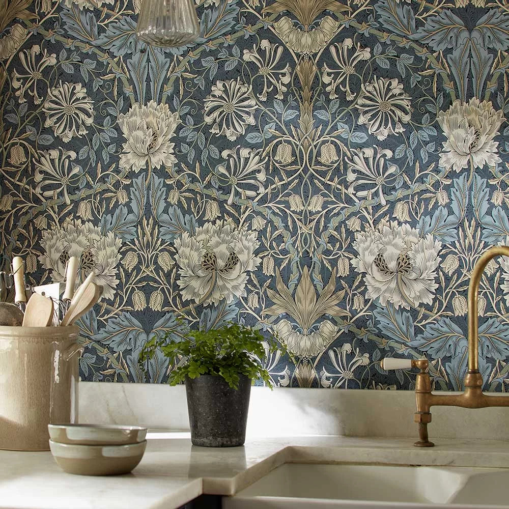 Honeysuckle and Tulip Wallpaper - Woad/Thyme