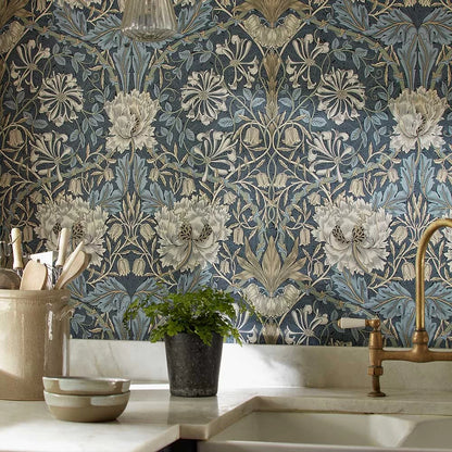 Honeysuckle and Tulip Wallpaper - Woad/Thyme