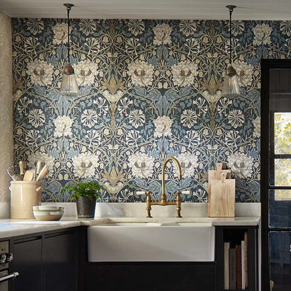 Honeysuckle and Tulip Wallpaper - Woad/Thyme