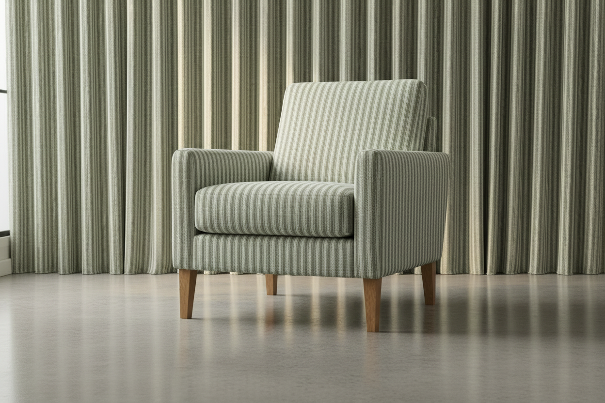 Moss armchair with matching Sawyer Stripes curtains