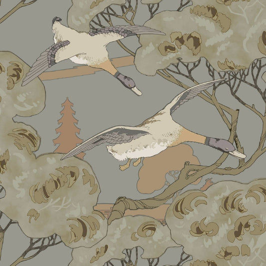Grand Flying Ducks Wallpaper - Grey/Blue