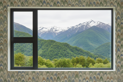 Multi-coloured peacock feather wallpaper with modern window and green mountain view