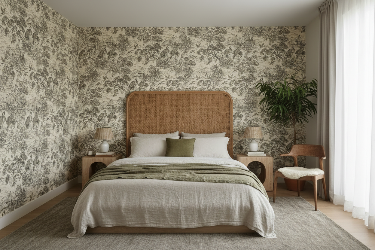 Natoru Cranes Wallpaper Bedroom with Cane Bedhead