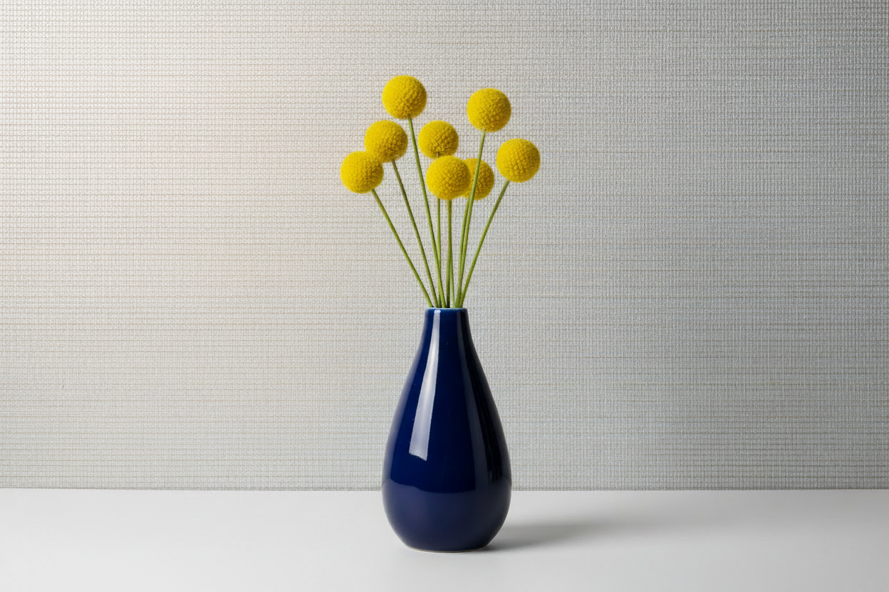 Navy vase with lustrous silver wallpaper