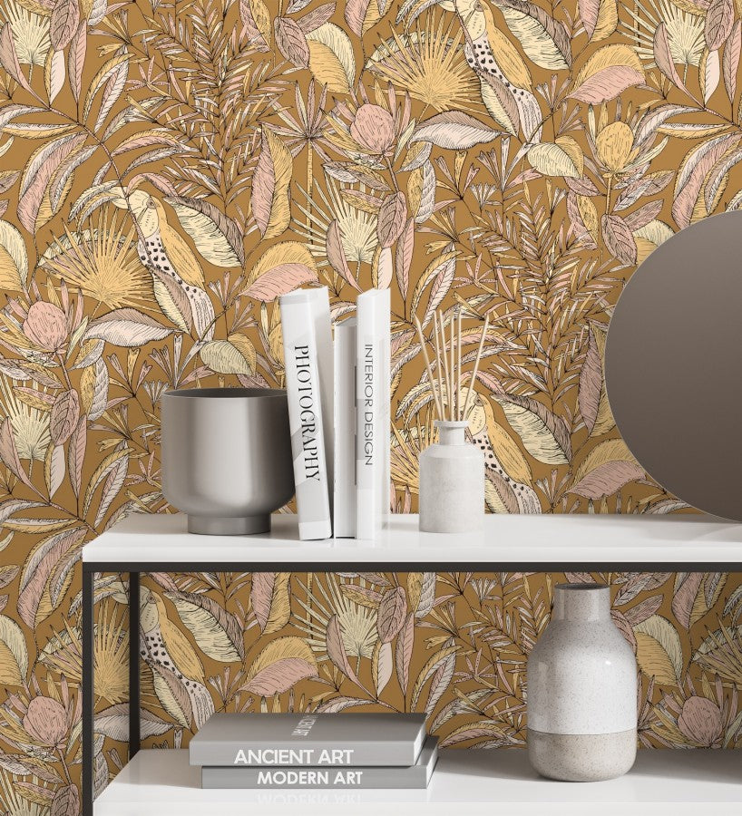 Jardin Bel Air Garden Leaf Wallpaper -  Brown Pink