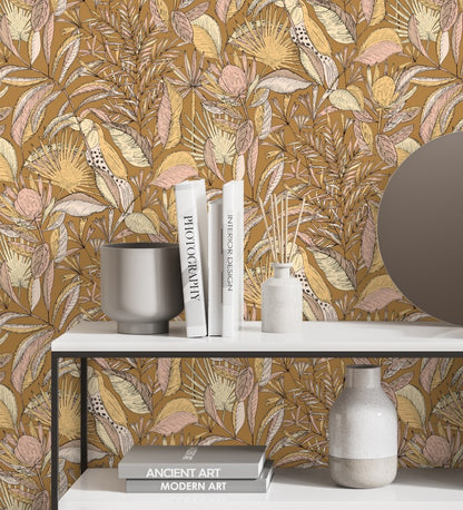 Jardin Bel Air Garden Leaf Wallpaper -  Brown Pink