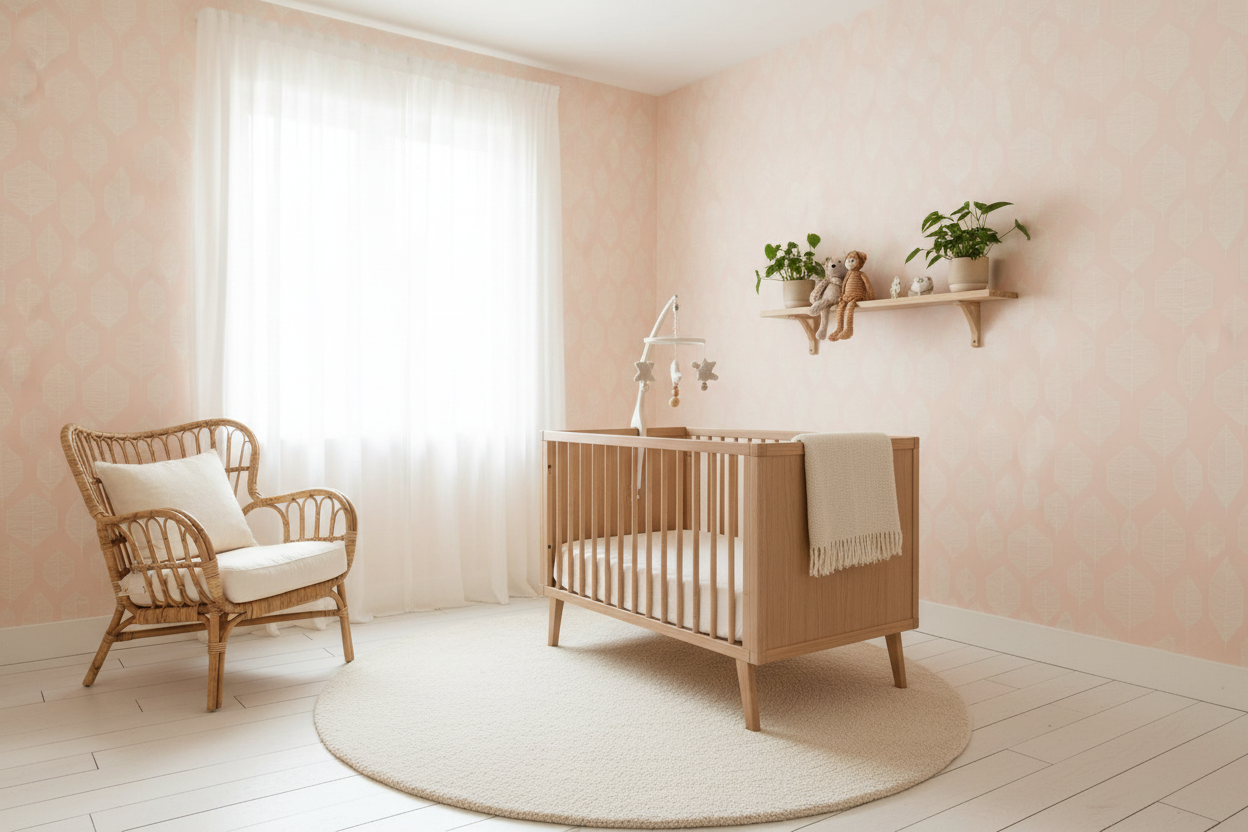 Nursery with Geo Leaf Peach Wallpaper and Stokke Mini Crib