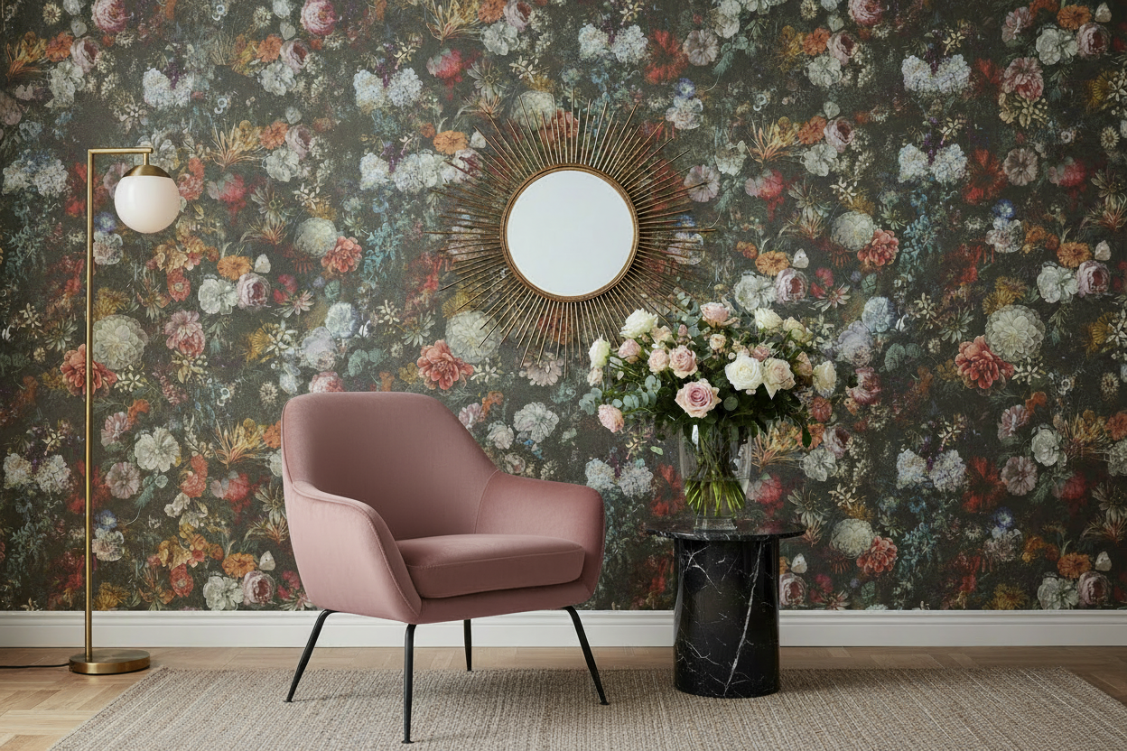 Obi Floral Wallpaper Room Shot with Dusk Pink Leather Chair