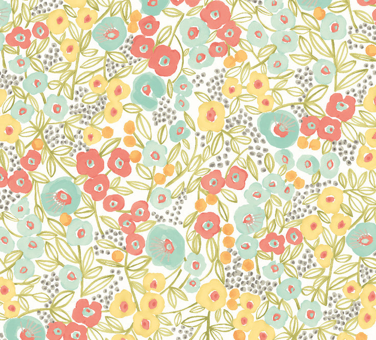 Flora Ditsy Wallpaper - Coral & Sky