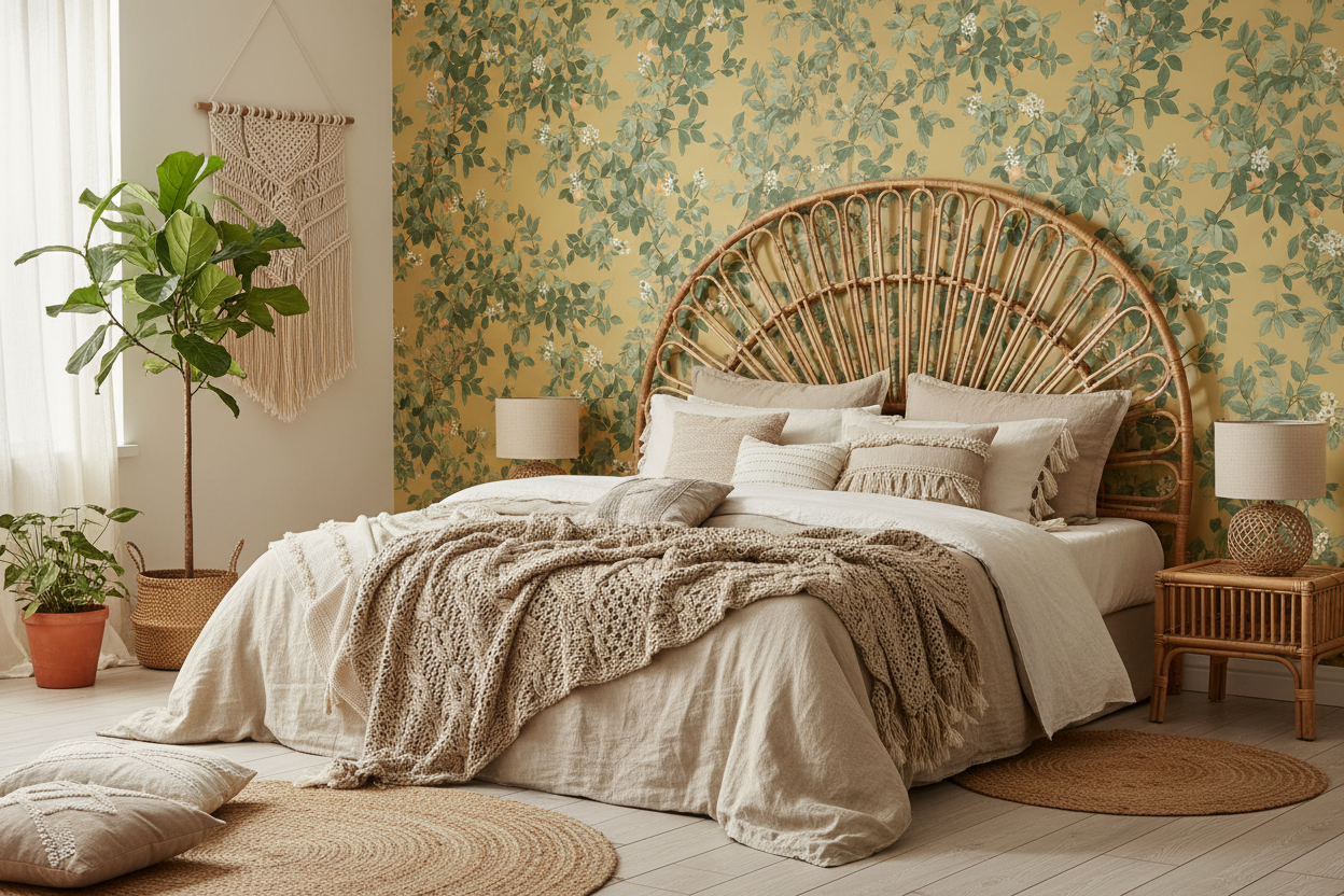 Orange Tree Ochre Wallpaper Boho Bedroom